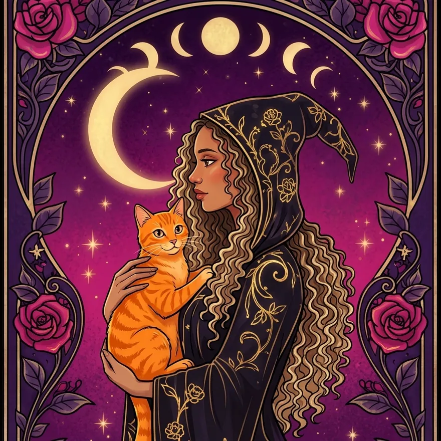 Emblema da Segredo dos Arcanos: a taróloga de capuz abraçando um gato laranja, sob a tríplice lua