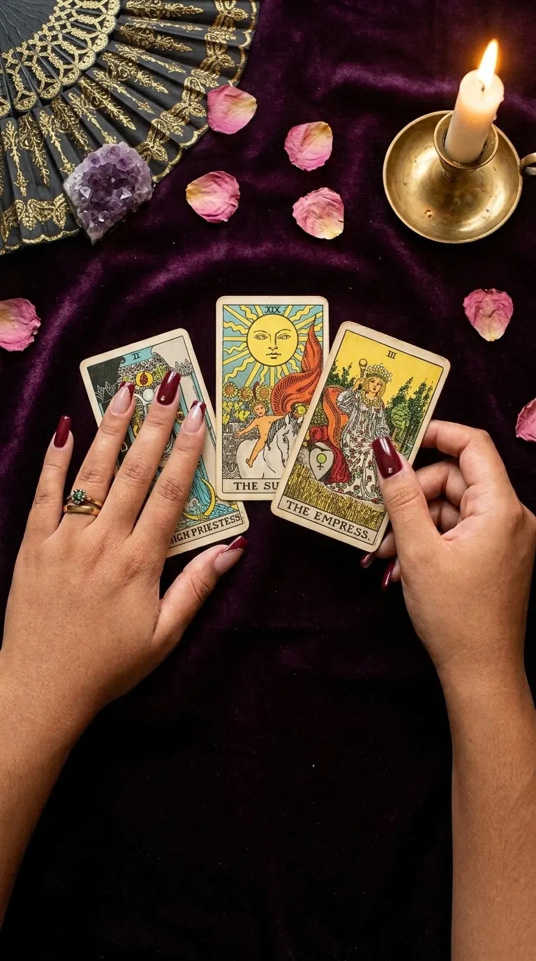 Mãos abrindo três cartas de tarot sobre veludo ameixa, à luz de vela