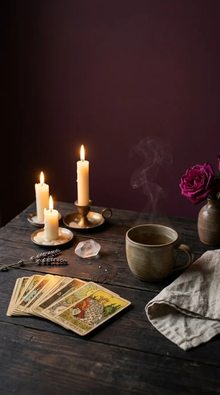 Velas acesas, xícara de chá e cartas de tarot sobre mesa de madeira escura